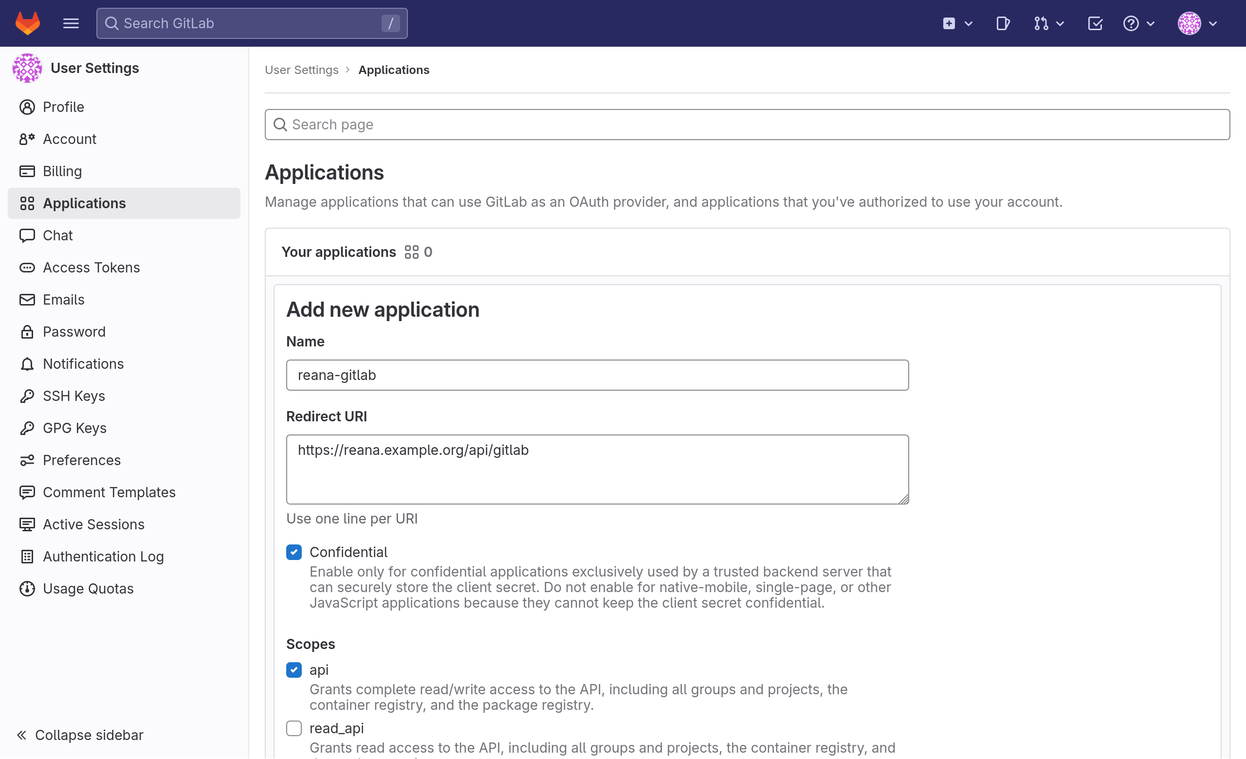 Settings for GitLab application